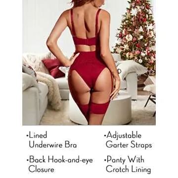 Kaei&Shi Garter Lingerie for Women,Underwire Eyelash Floral Lace Lingerie,High Waisted Matching 3 Piece Sexy Lingerie Set Burgundy Medium
