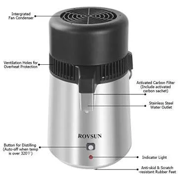 ROVSUN【Upgraded】 1.1 Gallon/4L Countertop Water Distiller Stainless Steel for Home, 750W Distilled Water Machine Maker Water Distillers with Glass Container, 1L/H, Silver