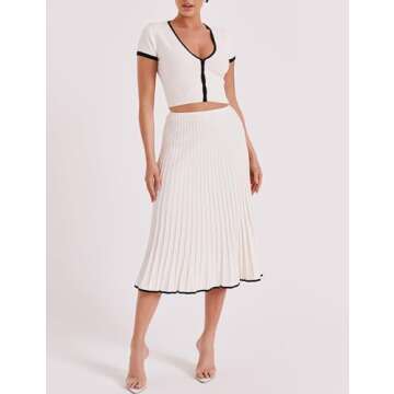 Tanming Women's Two Piece Skirt Set Casual Short Sleeve Crop Top Ribbed Knit Midi Pleated Skirt (Whi...