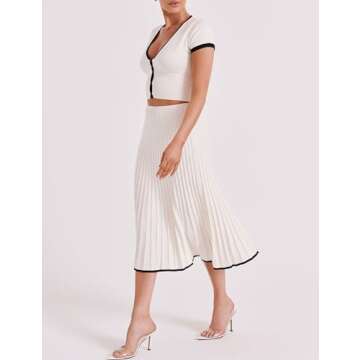 Tanming Women's Two Piece Skirt Set Casual Short Sleeve Crop Top Ribbed Knit Midi Pleated Skirt (White-L)