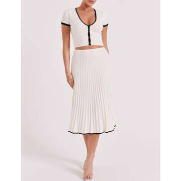 Tanming Women's Two Piece Skirt Set Casual Short Sleeve Crop Top Ribbed Knit Midi Pleated Skirt (White-L)
