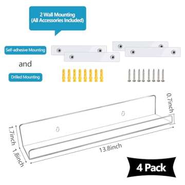 evron Wall Mounted Acrylic Floating Shelves,13.8 inch Kids Bookshelves Storage,Easy Installation with Adhesive Stickers or Drill,Perfect for Display Perfume,Makeup,Figures,Funko Pops (Clear 4 Pack)