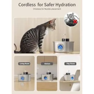Voluas Stainless Steel Cat Water Fountain-Wireless Pet Water Fountain Battery Operated,108oz/3.2L, A...