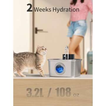 Voluas Stainless Steel Cat Water Fountain-Wireless Pet Water Fountain Battery Operated,108oz/3.2L, Automatic Water Dispenser for Dogs with Quiet Pump,Easy Clean BPA-Free for Cats, Dogs, Multiple Pets
