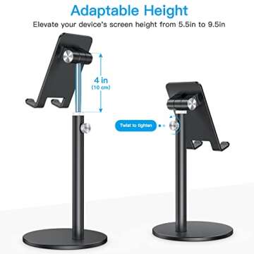 Cell Phone Stand, OMOTON Angle Height Adjustable Phone Stand, Aluminum Desktop Phone Holder Dock Stand for Desk, Compatible with iPhone 13/Mini/Pro/Max, All Smartphones and Tablets(4-11''),Black