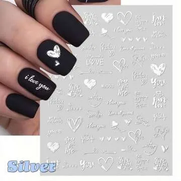 Valentines Day Nail Art Stickers Decals, Love Heart Nail Decorations, 3D Self-Adhesive Gold Silver B...
