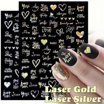 Valentines Day Nail Art Stickers Decals, Love Heart Nail Decorations, 3D Self-Adhesive Gold Silver Black White Laser Hearts Cupid Arrow Art Graffiti Nail Supplies for Women Girls 6 Sheets