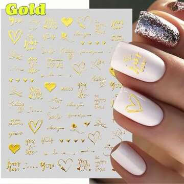 Valentines Day Nail Art Stickers Decals, Love Heart Nail Decorations, 3D Self-Adhesive Gold Silver Black White Laser Hearts Cupid Arrow Art Graffiti Nail Supplies for Women Girls 6 Sheets