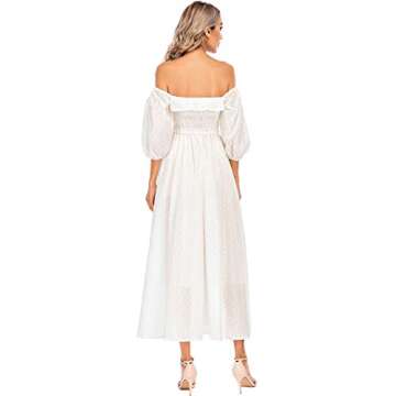 R.Vivimos Women Summer Half Sleeve Cotton Ruffled Vintage Elegant Backless A Line Flowy Long Dresses (Medium, White#1)