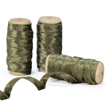 Keypan Velvet Green Ribbon Double-Sided Handmade Glossy Fabric Trim Wooden Spool Thin Ribbons for Ch...