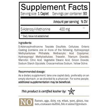 Nature's Trove SAM-e 400mg 90 Enteric Coated Caplets. Vegan, Kosher, Non-GMO Project Verified, Soy Free, Gluten Free - Cold Form Blister Packed.