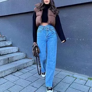 KEOMUD Women's Winter Crop Vest Lightweight Sleeveless Warm Outerwear Puffer Vest Padded Gilet Brown X-Large