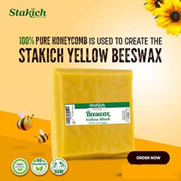 Stakich Yellow Beeswax Block - Natural, Triple Filtered - 1 Pound, Honey Scent