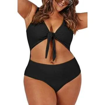 Haloon Woman's Plus Size Tie Front Cutout One Piece Swimwear Bathing Suits Black XL