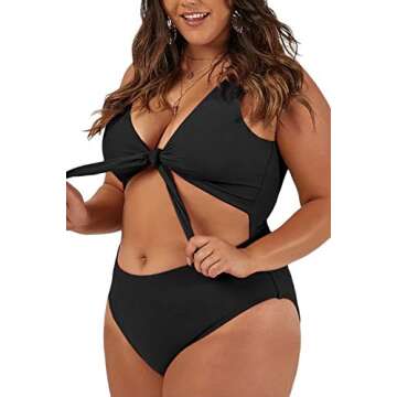 Haloon Woman's Plus Size Tie Front Cutout One Piece Swimwear Bathing Suits Black XL