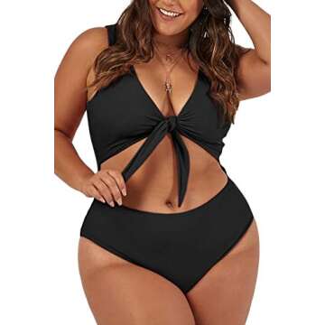 Haloon Woman's Plus Size Tie Front Cutout One Piece Swimwear Bathing Suits Black XL