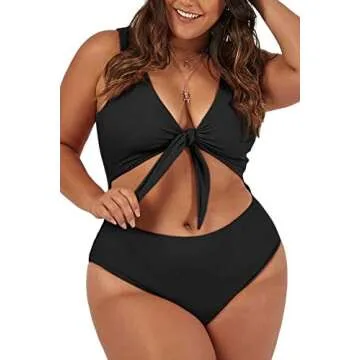Haloon Woman's Plus Size Tie Front Cutout One Piece Swimwear Bathing Suits Black XL