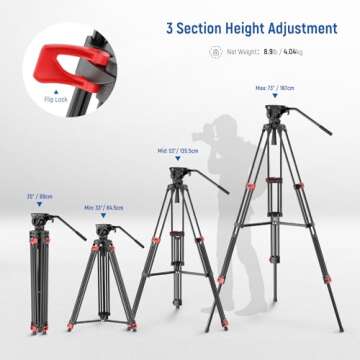 NEEWER Basic 74" Video Tripod with Fluid Head - Stable, Portable, and Versatile