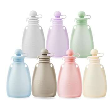 PandaEar Reusable Silicone Baby Food Pouches, 7 Pack Squeeze Pouches for Toddler Kids, BPA-Free Silicone Refillable Baby Food Storage, 5.5 oz /150 ml