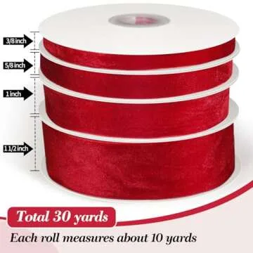 4 Rolls Christmas Vintage Velvet Ribbon 4 Sizes Khaki Velvet Ribbon Total 40 Yards Satin Velvet Ribbon for Gift Wrapping Holiday Floral Ribbon (Red)