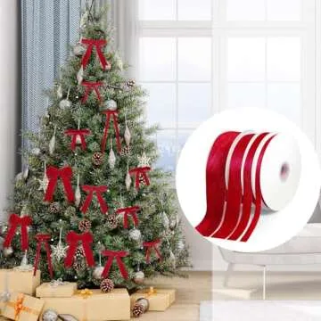 4 Rolls Christmas Vintage Velvet Ribbon 4 Sizes Khaki Velvet Ribbon Total 40 Yards Satin Velvet Ribbon for Gift Wrapping Holiday Floral Ribbon (Red)
