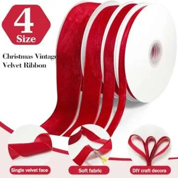 4 Rolls Christmas Vintage Velvet Ribbon 4 Sizes Khaki Velvet Ribbon Total 40 Yards Satin Velvet Ribbon for Gift Wrapping Holiday Floral Ribbon (Red)