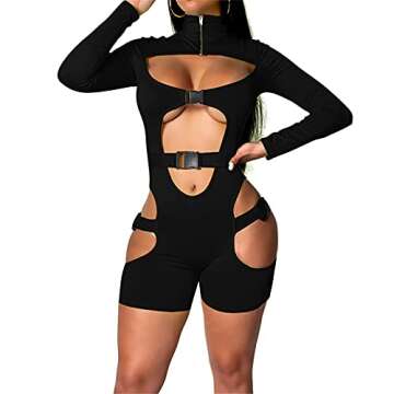 Atyfuniby Womens Halloween Bodycon Buckle High Neck Jumpsuits Long Sleeve Cutout Rompers Sexy Hollow Out Bodysuits One Piece Outfits Clubwear Black Medium