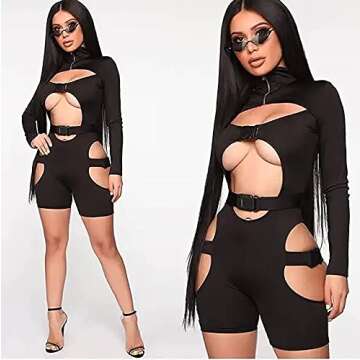 Atyfuniby Womens Halloween Bodycon Buckle High Neck Jumpsuits Long Sleeve Cutout Rompers Sexy Hollow Out Bodysuits One Piece Outfits Clubwear Black Medium