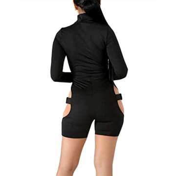 Atyfuniby Womens Halloween Bodycon Buckle High Neck Jumpsuits Long Sleeve Cutout Rompers Sexy Hollow Out Bodysuits One Piece Outfits Clubwear Black Medium