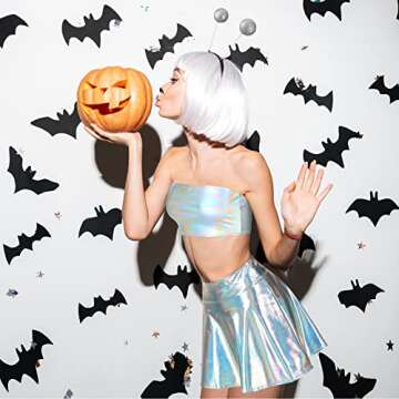 SATINIOR Metallic Top Sleeveless Crop Tank Top Pleated Skirt for Raves Alien Costume(Medium,Laser Silver Tube Top)