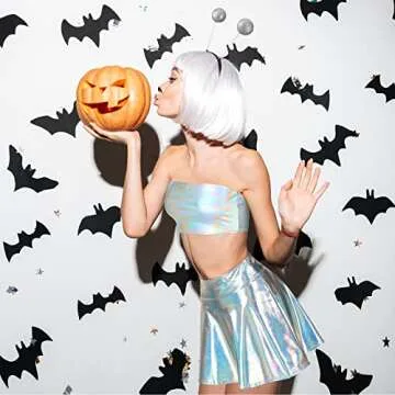 SATINIOR Metallic Top Sleeveless Crop Tank Top Pleated Skirt for Raves Alien Costume(Medium,Laser Silver Tube Top)