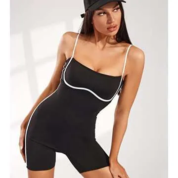 Move With You Women's Yoga One Piece Spaghetti Strap Tummy Control Romper Padded Bra Jumpsuit Workout Catsuit(Black,XL)