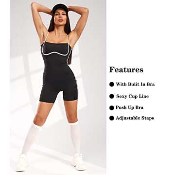 Move With You Women's Yoga One Piece Spaghetti Strap Tummy Control Romper Padded Bra Jumpsuit Workout Catsuit(Black,XL)