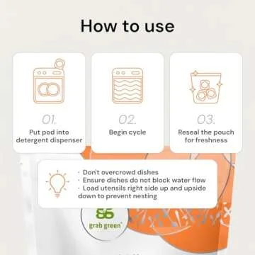 Grab Green Automatic Dishwashing Detergent Pods, 60 Count, Tangerine Lemongrass Scent, Plant and Mineral Based, Superior Cleaning, Powerful Grease Removal, Brilliant Shine