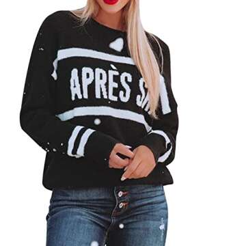 Jyeity Après Ski Women's Fashion Sweater Fall Winter Letter Pattern Loose Round Neck Tops Long Sleeve Casual Pullover Black