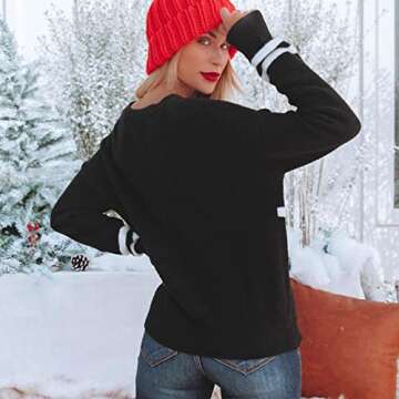 Jyeity Après Ski Women's Fashion Sweater Fall Winter Letter Pattern Loose Round Neck Tops Long Sleeve Casual Pullover Black