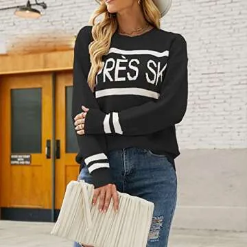 Jyeity Après Ski Women's Fashion Sweater Fall Winter Letter Pattern Loose Round Neck Tops Long Sleeve Casual Pullover Black