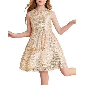 Danna Belle Girls Sequin Dress for Ages 7-8 - Sparkle Party Dress Gold