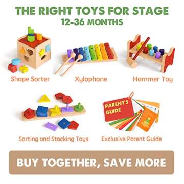 Tiny Land Montessori Toys for 1 Year Old - 4 in 1 Wooden Fine Motor Skills Toy Set Include Stacking & Sorting, Xylophone and Hammer Toy, Gift for Boys and Girls Aged 12+ Months