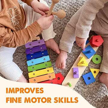 Tiny Land Montessori Toys for 1 Year Old - 4 in 1 Wooden Fine Motor Skills Toy Set Include Stacking & Sorting, Xylophone and Hammer Toy, Gift for Boys and Girls Aged 12+ Months