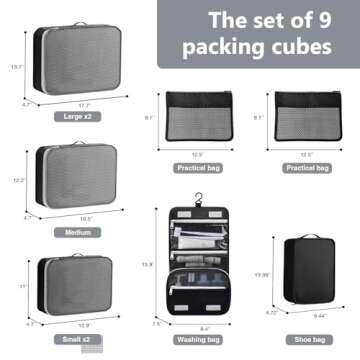 Easortm Packing Cubes 9 Set, Travel Organizer Bags for Luggage Packing Cubes for Carry on Suitcase, Travel Organizer for Toiletries Data Cable Clothes Shoes.(Black)