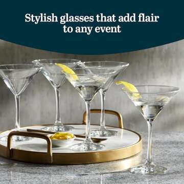 Libbey Entertaining Essentials Martini Glasses Set of 6, Dishwasher Safe Martini Set, Tall Stem Mart...