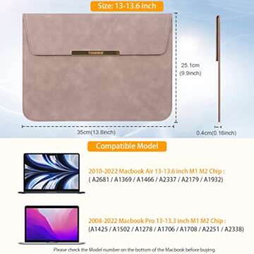 TOWOOZ 13.3 Inch Laptop Sleeve Case Compatible with 2016-2020 MacBook Air/MacBook Pro 13-13.3 inch/iPad Pro 12.9 / Dell XPS 13/ Surface Pro X, PU Leather Bag (13-13.6 Inch, Pink)