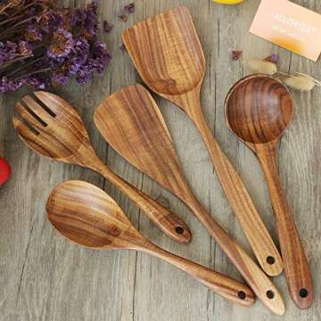 Wooden Spoons for Cooking, ADLORYEA Kitchen Utensils Set for Nonstick Cookware, 5-Piece Wood Spatula...
