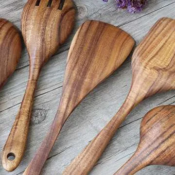 Wooden Spoons for Cooking, ADLORYEA Kitchen Utensils Set for Nonstick Cookware, 5-Piece Wood Spatulas Spoons Kitchen Tools Made by Eco-friendly Natural Teak for Cooking & Serving