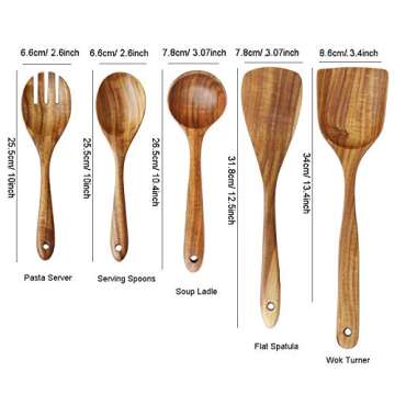 Wooden Spoons for Cooking, ADLORYEA Kitchen Utensils Set for Nonstick Cookware, 5-Piece Wood Spatulas Spoons Kitchen Tools Made by Eco-friendly Natural Teak for Cooking & Serving