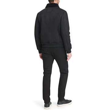 DKNY mens Shearling Bomber Jacket With Collar Faux Fur Coat, Black, Medium US