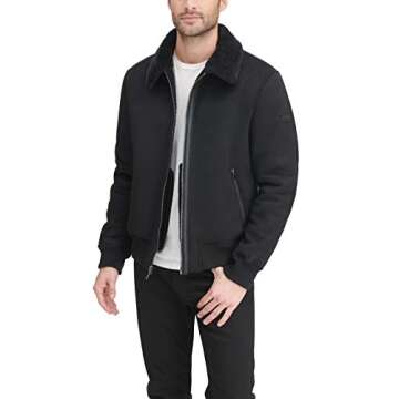 DKNY mens Shearling Bomber Jacket With Collar Faux Fur Coat, Black, Medium US