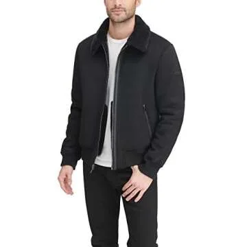 DKNY mens Shearling Bomber Jacket With Collar Faux Fur Coat, Black, Medium US