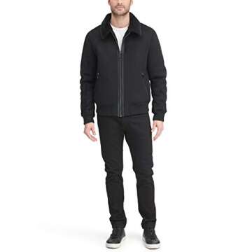 DKNY mens Shearling Bomber Jacket With Collar Faux Fur Coat, Black, Medium US